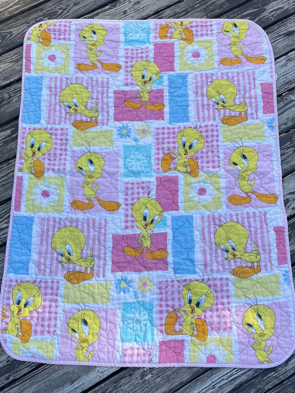 Vintage 1997 Looney Tunes Tweety Bird Quilted Pastel Baby Crib Blanket Y2K